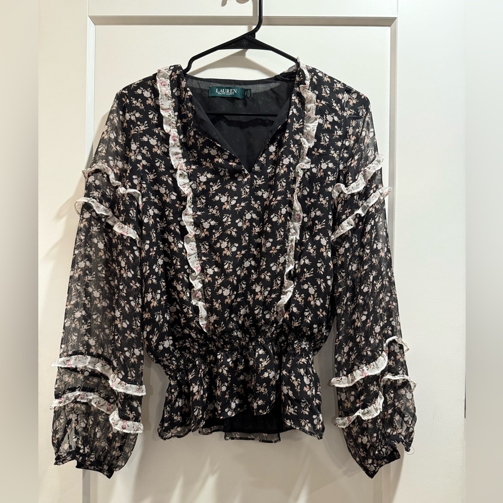 Lauren Ralph‎ Lauren Aindrea Womens Ruffles Smocked Blouse Size SP